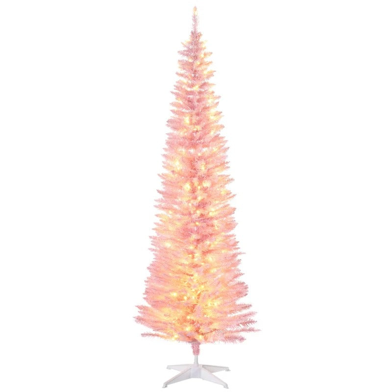 6ft 390-Tip Pre-lit Slim Artificial Pencil Christmas Holiday Tree w 200 LED Lights, Base, Pink