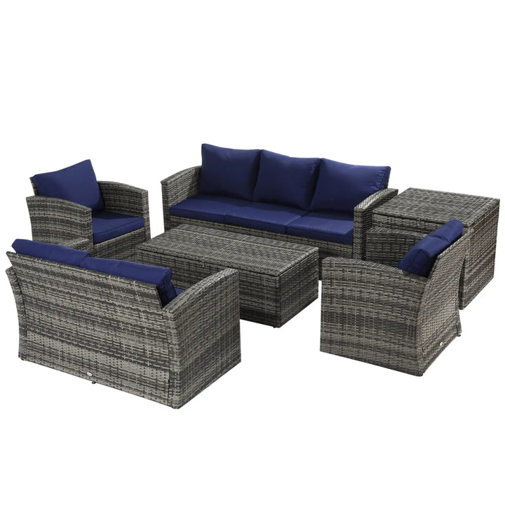 6pc 7-Seat Premium PE Rattan Wicker Conversation Outdoor Patio Set, Cushions Storage, Grey, Dk Blue