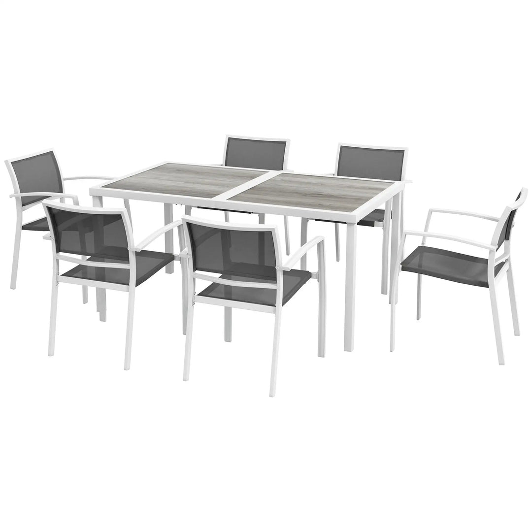 7pc, 6-Seat Steel Outdoor Patio Dining Set w Composite Tabletop, 6 Stackable Chairs, White, Grey