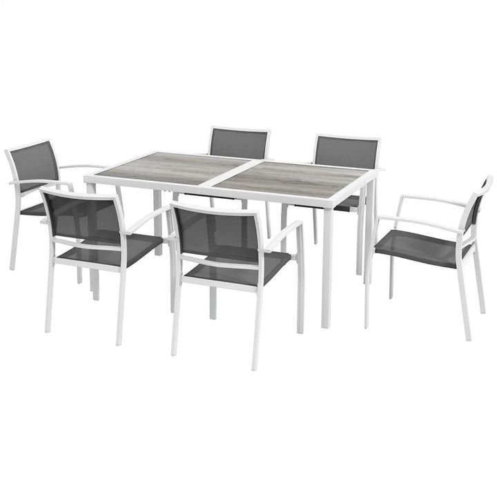 7pc, 6-Seat Steel Outdoor Patio Dining Set w Composite Tabletop, 6 Stackable Chairs, White, Grey