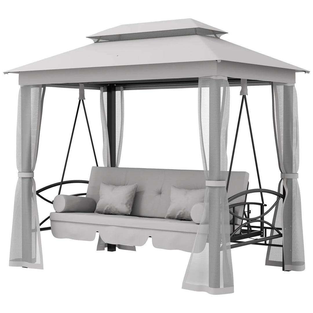 Deluxe 3-Seat Swing / Daybed w Gazebo Canopy Mesh Curtains, Cushions for Patio Garden Outdoor, Grey