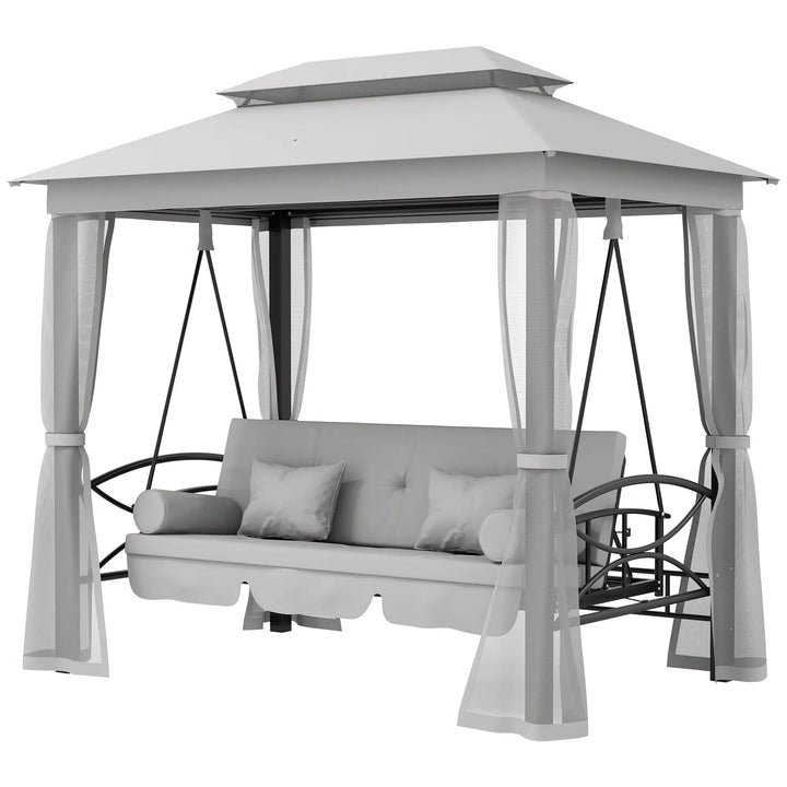 Deluxe 3-Seat Swing / Daybed w Gazebo Canopy Mesh Curtains, Cushions for Patio Garden Outdoor, Grey