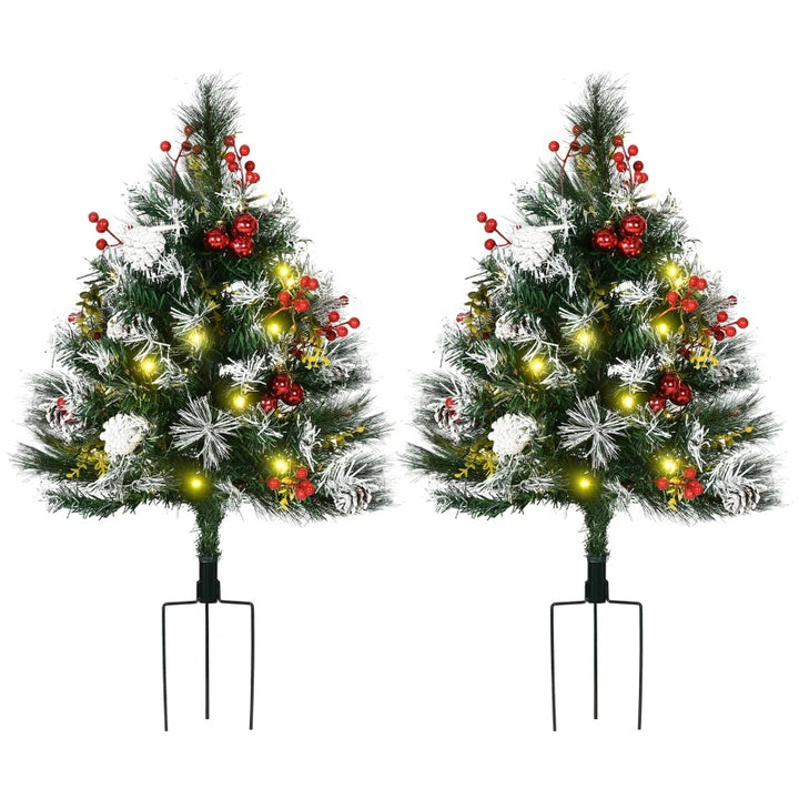 2pc 2ft Pre-lit Artificial Christmas Holiday Mini Outdoor Tree w Snow, Pinecones, Berries - Green
