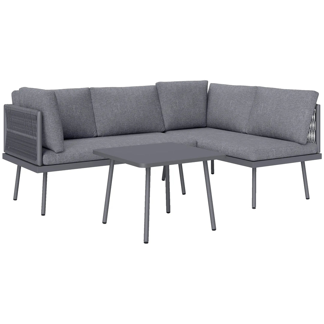 3pc, 4-Seat Steel Wicker L-Shape Sectional Conversation Love Seat Outdoor Patio Set w Table, Grey