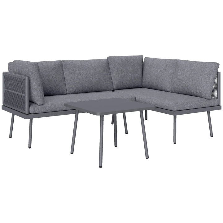 3pc, 4-Seat Steel Wicker L-Shape Sectional Conversation Love Seat Outdoor Patio Set w Table, Grey