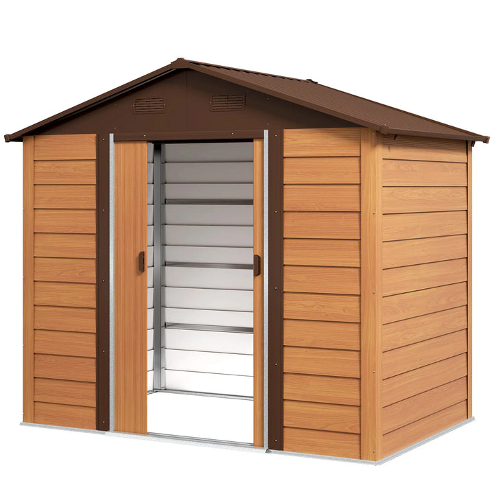 7.7' x 6.4' x 6.8'  Galv Steel Outdoor Storage Shed Garden Tool Organizer, Stained Woodgrain Brown