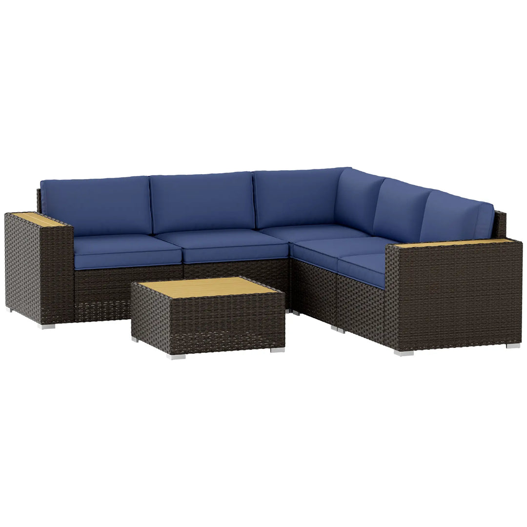 6pc 5-Seat Premium L-Shape PE Rattan Wicker Sectional Conversation Set Outdoor Patio, Brown, Blue