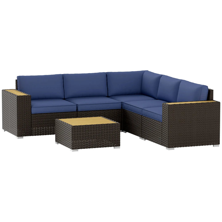 6pc 5-Seat Premium L-Shape PE Rattan Wicker Sectional Conversation Set Outdoor Patio, Brown, Blue