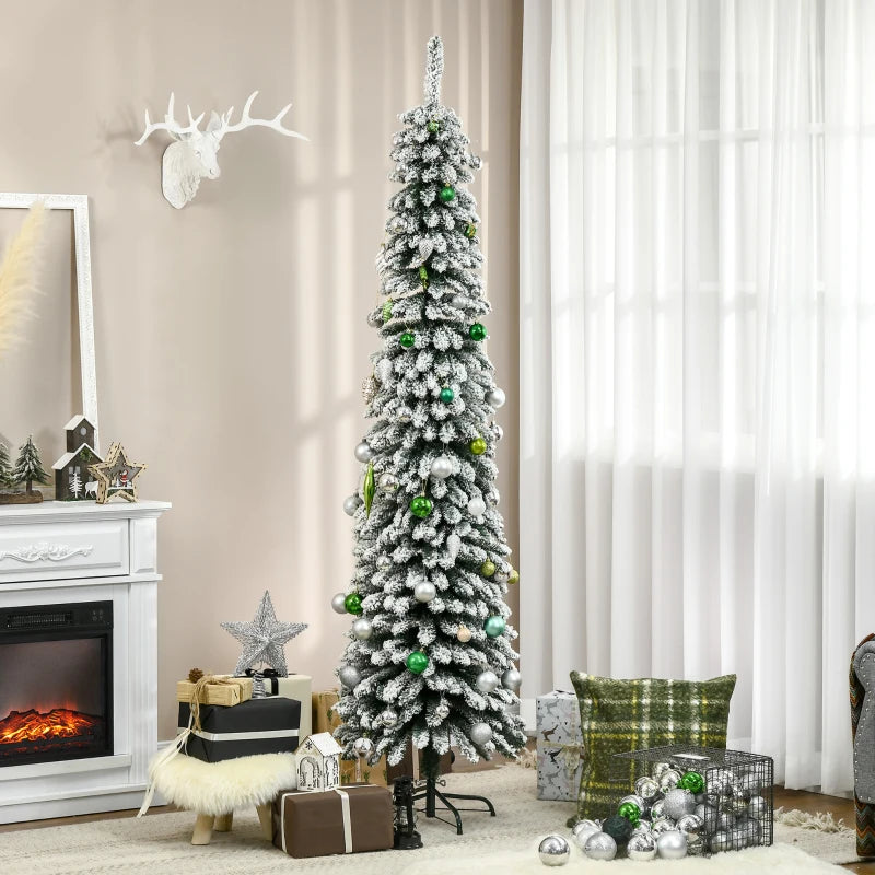 NEW 7ft 490-Tip Ultra Slim Snow Flocked Pencil Artificial Christmas Holiday Fake Xmas Tree, Green