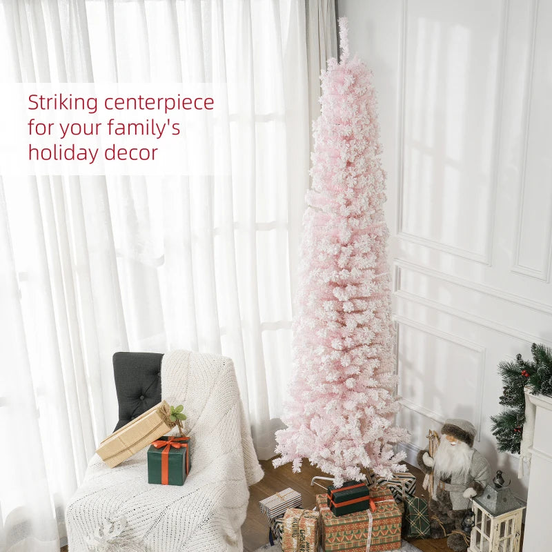 7.5ft 738-Tip Unlit Snow Flocked Slim Artificial Pencil Christmas Holiday Fake Xmas Tree, Pink
