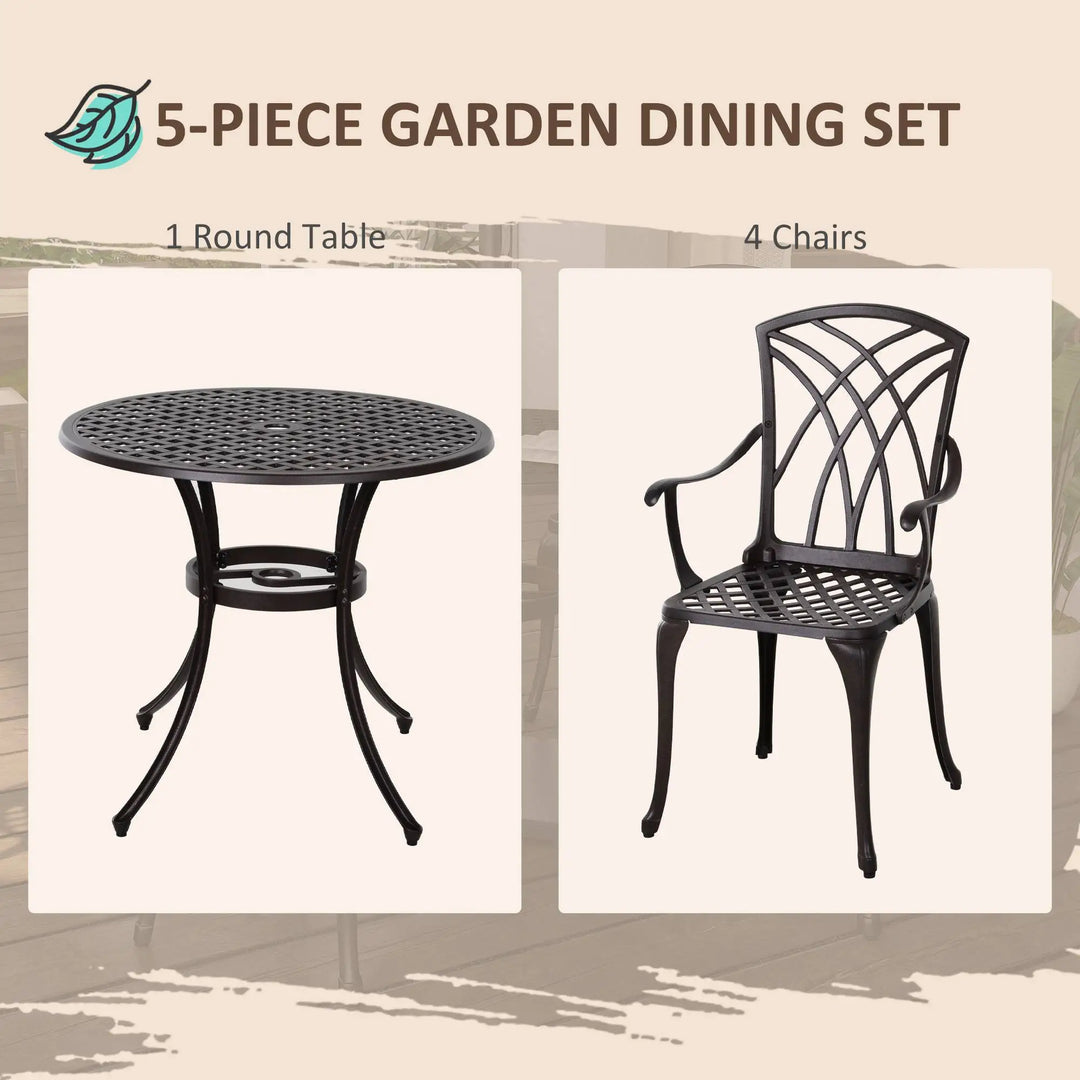 5pc Modern Cast Aluminum Round Bistro Table & Chair Outdoor Dining Set for Garden Patio, Dark Brown