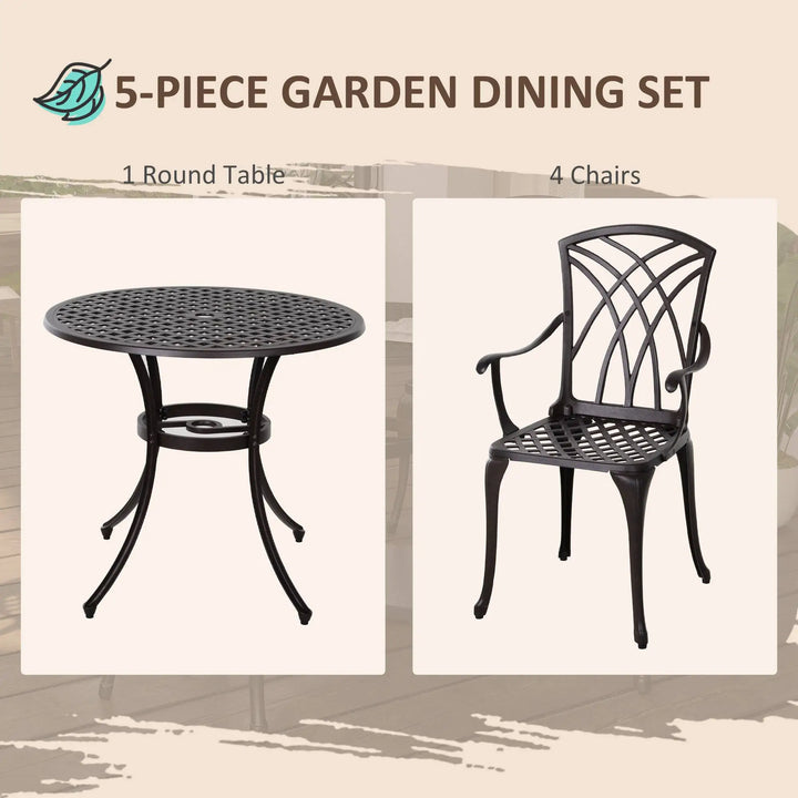 5pc Modern Cast Aluminum Round Bistro Table & Chair Outdoor Dining Set for Garden Patio, Dark Brown
