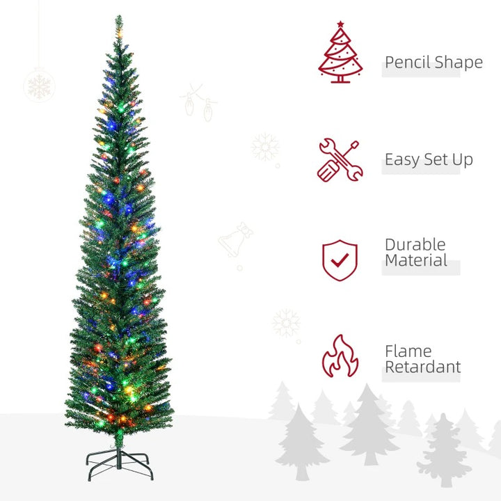7.5ft Pre-lit Ultra Slim Pencil Faux Christmas Holiday Tree w 200 Multicolour LED Lights, Green