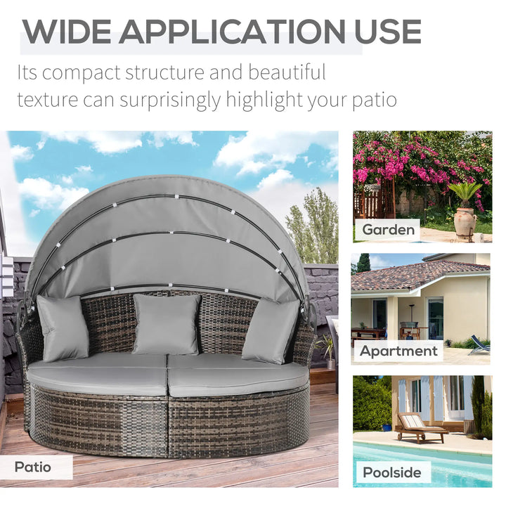 2pc Rattan Wicker Round Canopy Daybed Lounger Outdoor Patio Sofa Plus Bench w Cushions, Mixed Grey