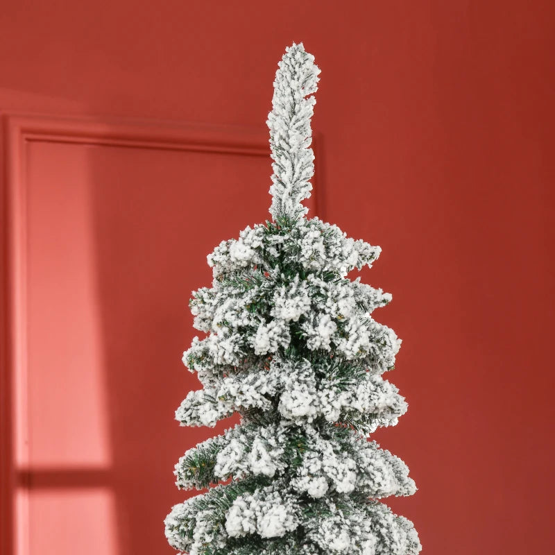NEW 7ft 490-Tip Ultra Slim Snow Flocked Pencil Artificial Christmas Holiday Fake Xmas Tree, Green