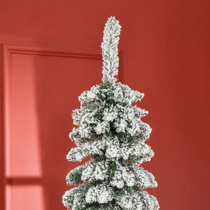 NEW 7ft 490-Tip Ultra Slim Snow Flocked Pencil Artificial Christmas Holiday Fake Xmas Tree, Green