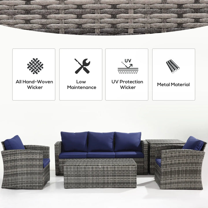 6pc 7-Seat Premium PE Rattan Wicker Conversation Outdoor Patio Set, Cushions Storage, Grey, Dk Blue