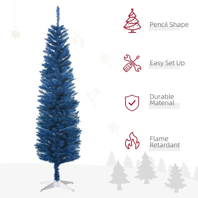6ft 360-Tip Slim Pencil Unlit Artificial Christmas Holiday Tree w Base, Xmas Decor, Deep Blue