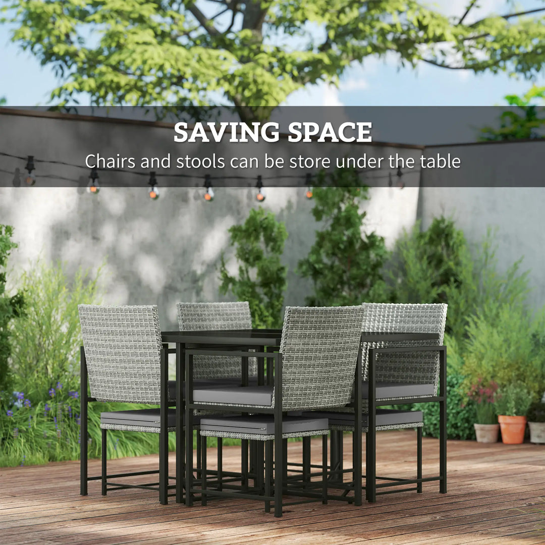 9pc 8 Seat Compact PE Rattan Wicker Dining Table Set w Ottomans, Cushions for Outdoor Patio - Grey