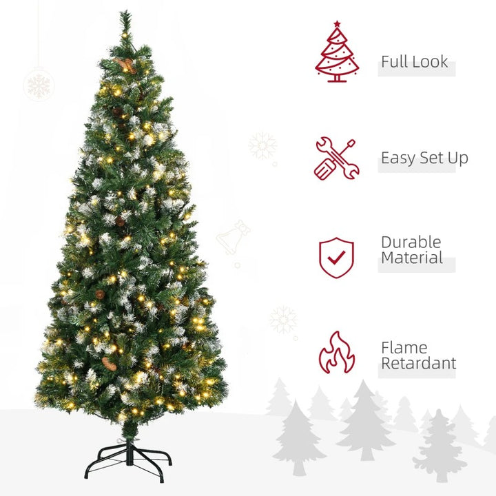 6ft 703-Tip Pre-lit Realistic Artificial Christmas Holiday Tree, Pine Cones 250 LEDs Snow Green