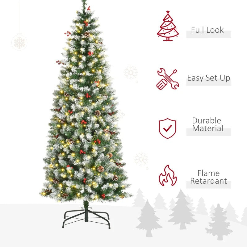 NEW 6ft 618-Tip Pre-lit Snow Tipped Artificial Pencil Christmas Holiday Tree w 300 LED Lights Green