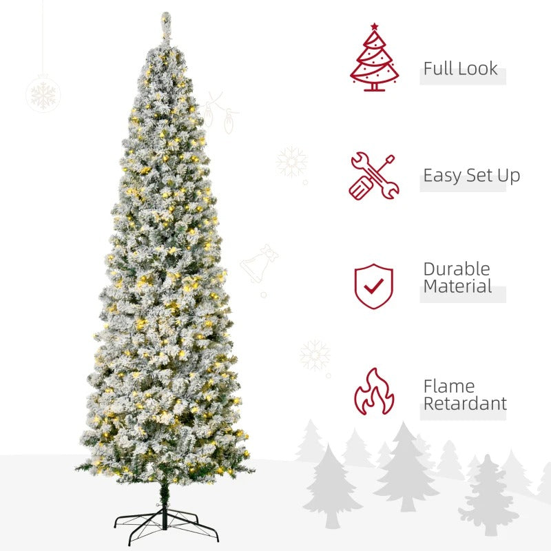9ft 988-Tip Pre-lit Snow Flocked Slim Pencil Artificial Christmas Holiday Tree 550 Lights Green