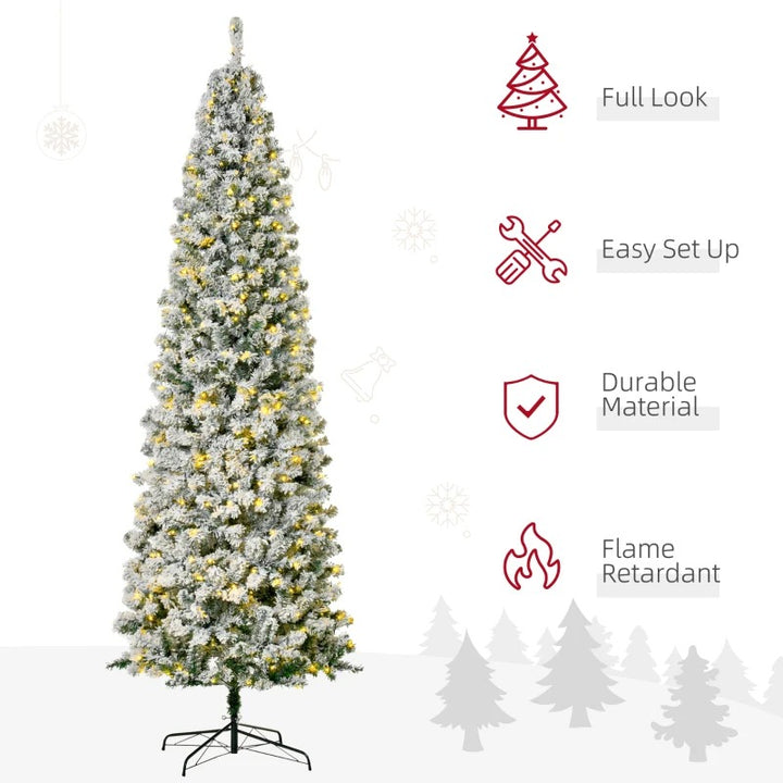 9ft 988-Tip Pre-lit Snow Flocked Slim Pencil Artificial Christmas Holiday Tree 550 Lights Green