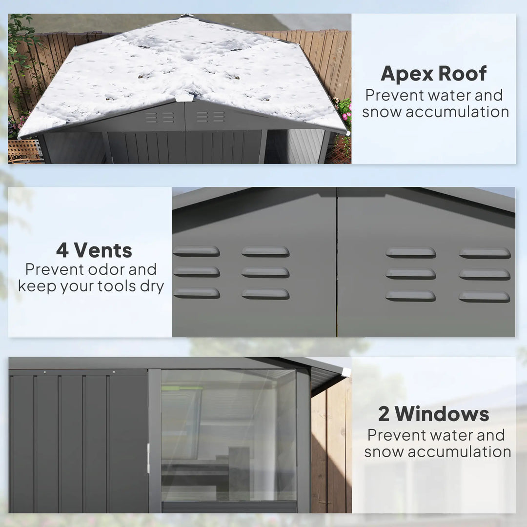 8' x 6' Galv Steel Metal Outdoor Bike Tool Storage Utility Garden Shed, Swing Doors, Windows, Grey