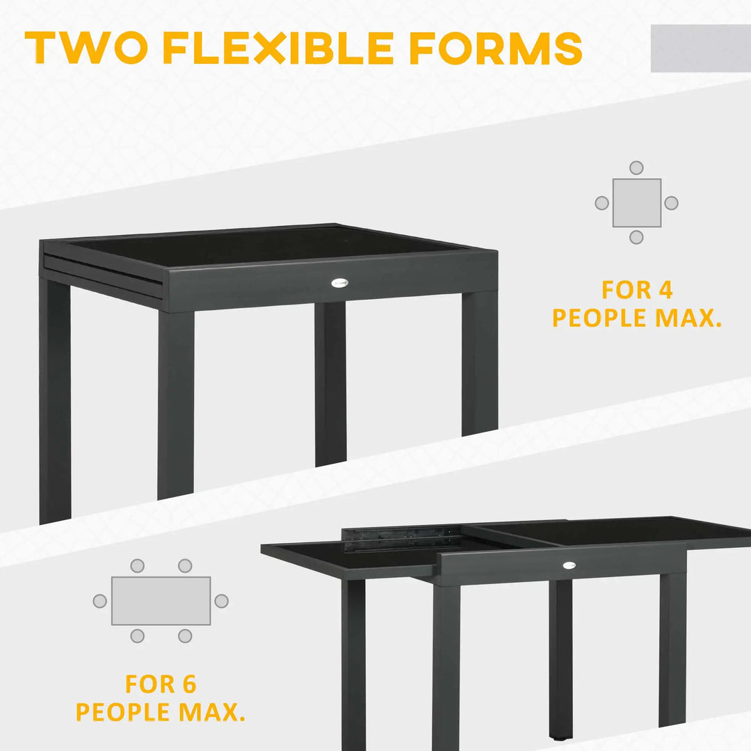 31-63" Extendable Space-Saving Aluminum Outdoor Dining Patio Table w Black Glass Top for 4-6, Black