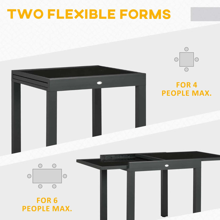 31-63" Extendable Space-Saving Aluminum Outdoor Dining Patio Table w Black Glass Top for 4-6, Black