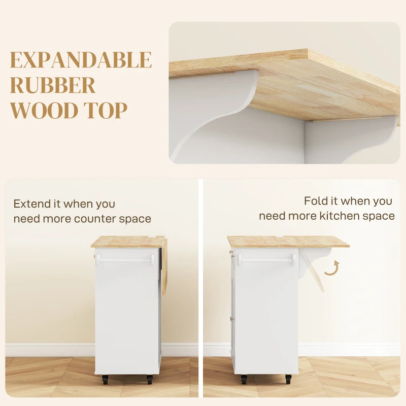 Electric Kitchen Island Cart w Power & USB Port, Drop-leaf Countertop w Wheels, Wood Top, White