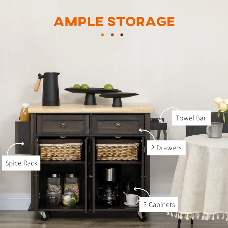 Rolling Farmhouse Kitchen Island Cart Storage Cabinet Sideboard w Wood Top, Dk Brown Woodgrain