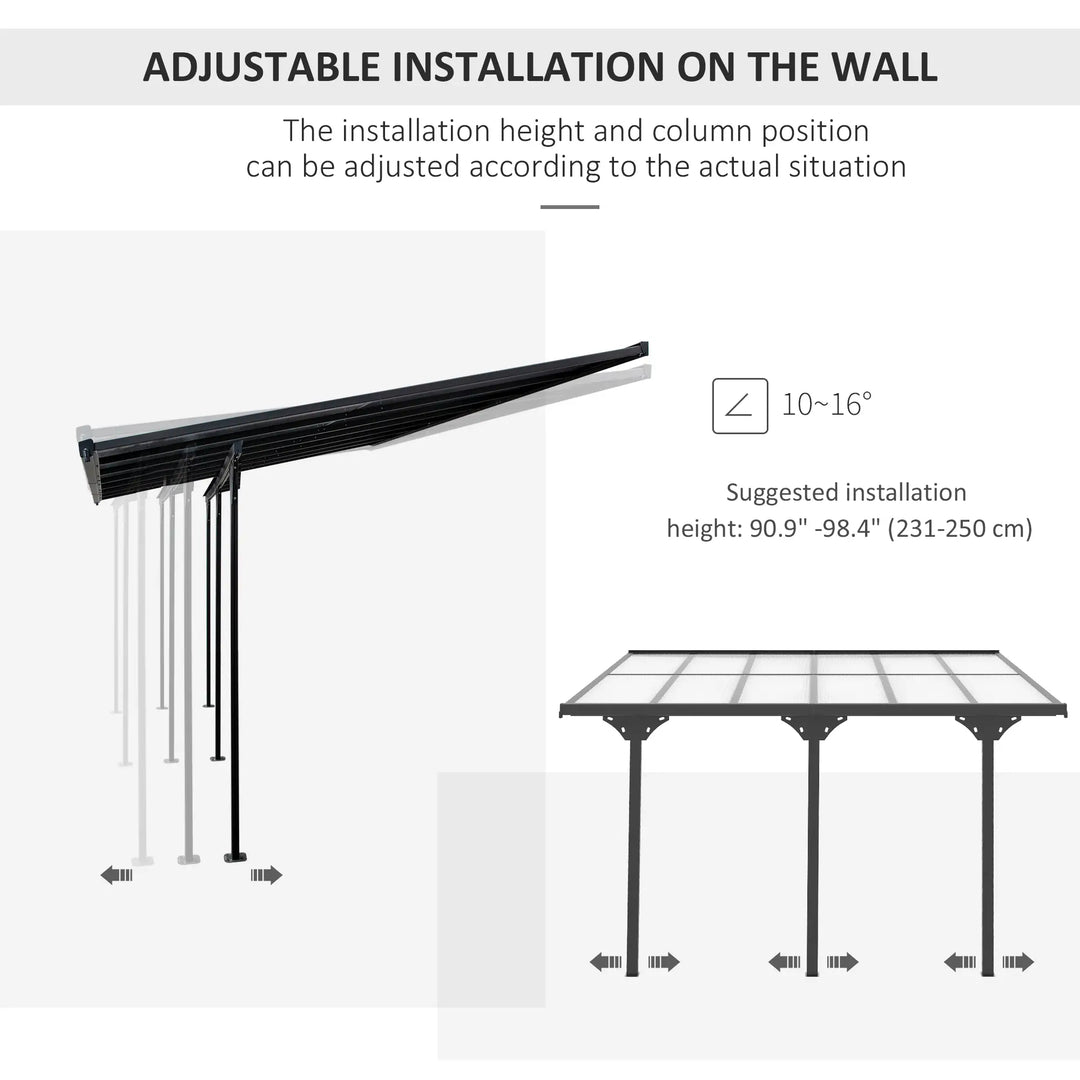 12' x 10' Wall-Mounted Adjustable Sloped Aluminum PC Hardtop Gazebo Pergola Awning Canopy, Grey