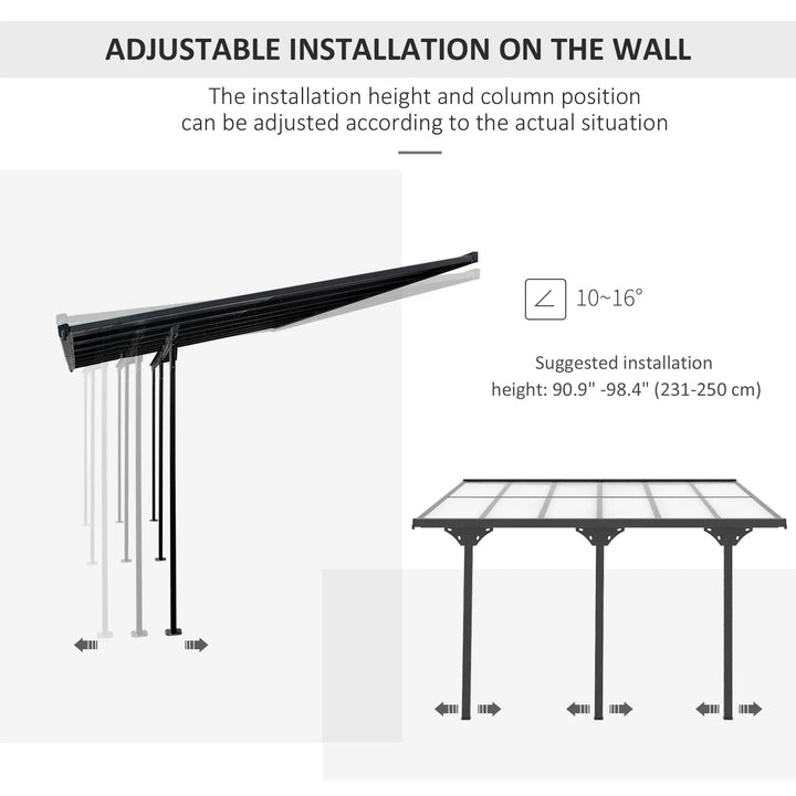 12' x 10' Wall-Mounted Adjustable Sloped Aluminum PC Hardtop Gazebo Pergola Awning Canopy, Grey