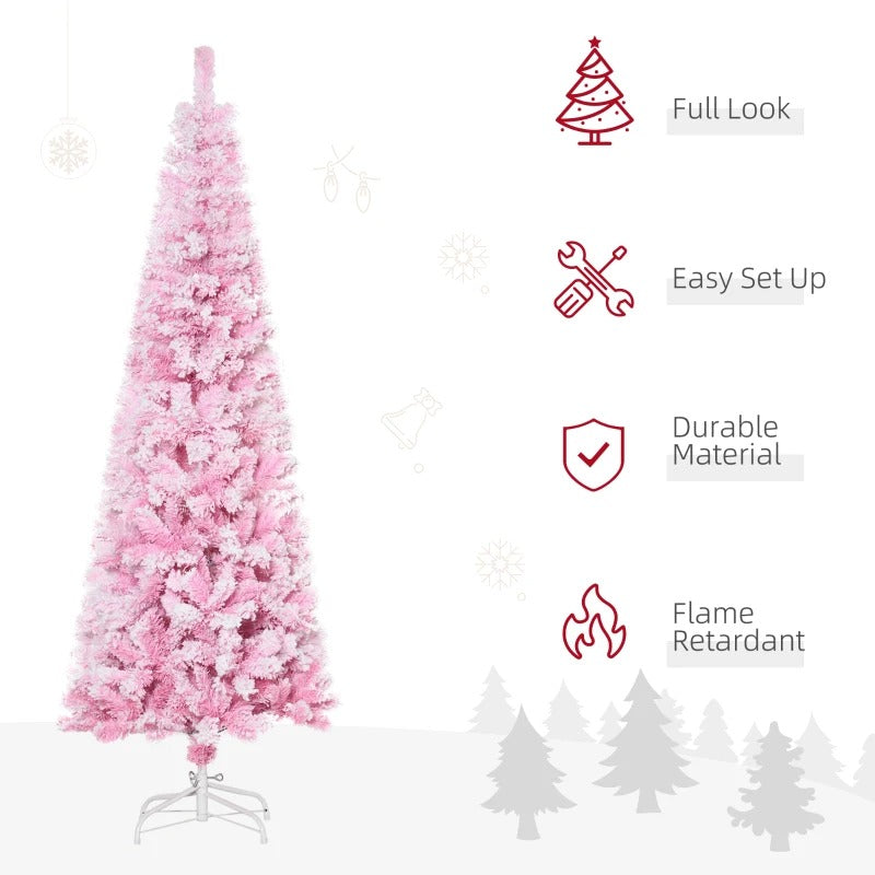 6ft 520-Tip Slim Snow Flocked Unlit Artificial Pencil Christmas Holiday Tree, Base Xmas, Pink