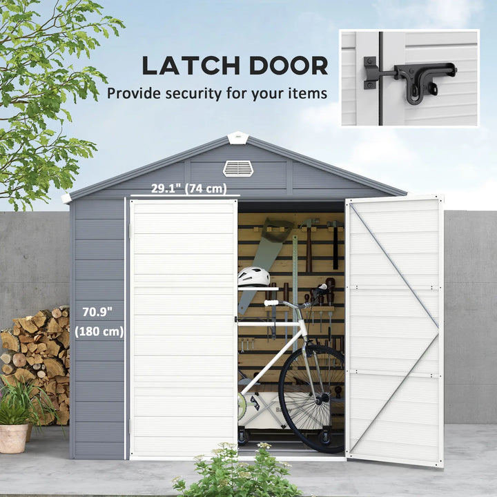 8' x 6' PP Plastic Resin & Aluminum Outdoor Tool Bike Storage Shed, Swing Doors, Patio Garden, Grey