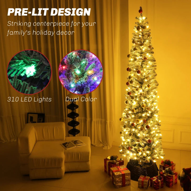 NEW 9ft 895-Tip Prelit Flocked Pencil Artificial Tree, 170 Lights, Remote, Christmas Holiday Green