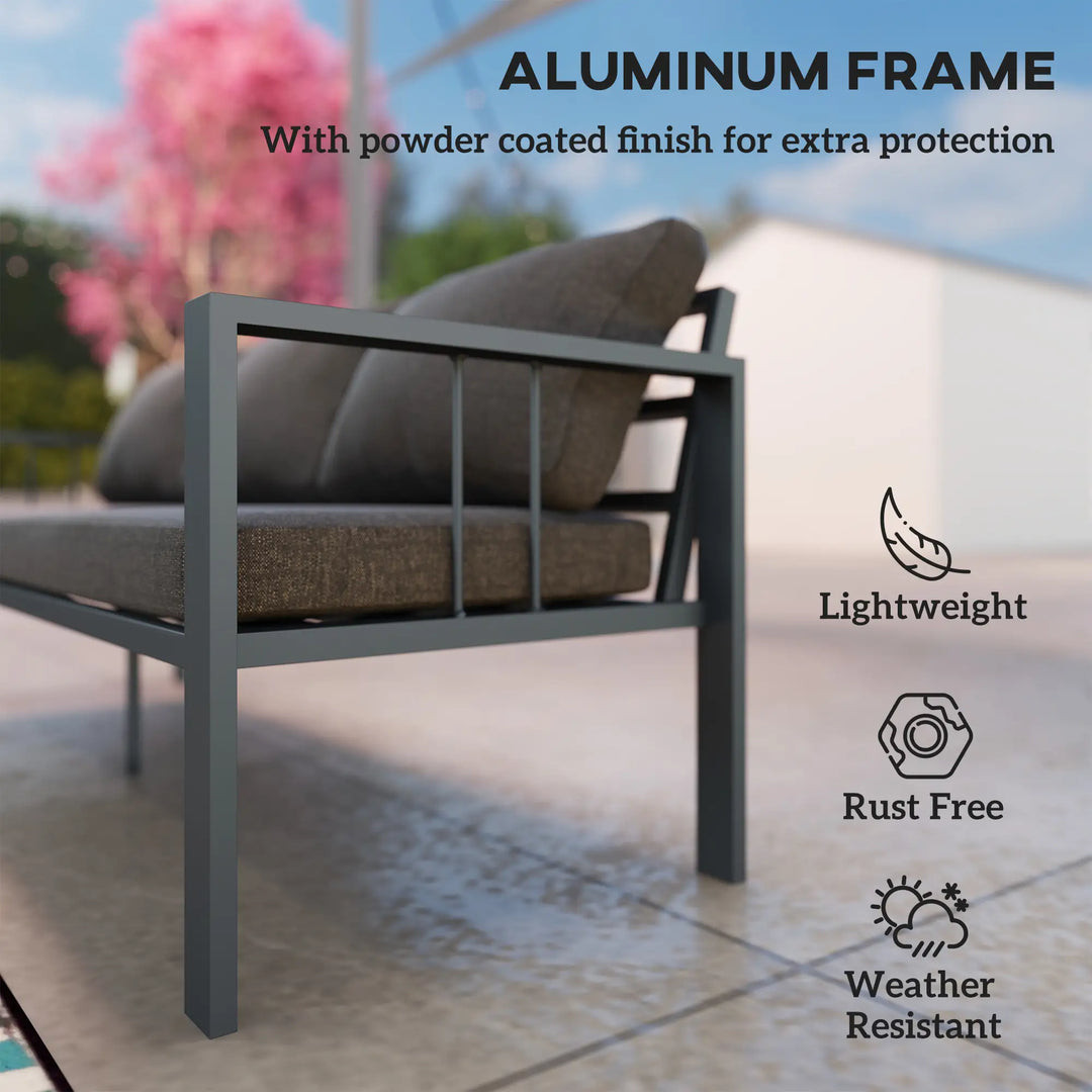 3-Seat Aluminum Conversation Sofa Couch w Cushions, Armrests for Balcony Deck Outdoor Patio, Grey