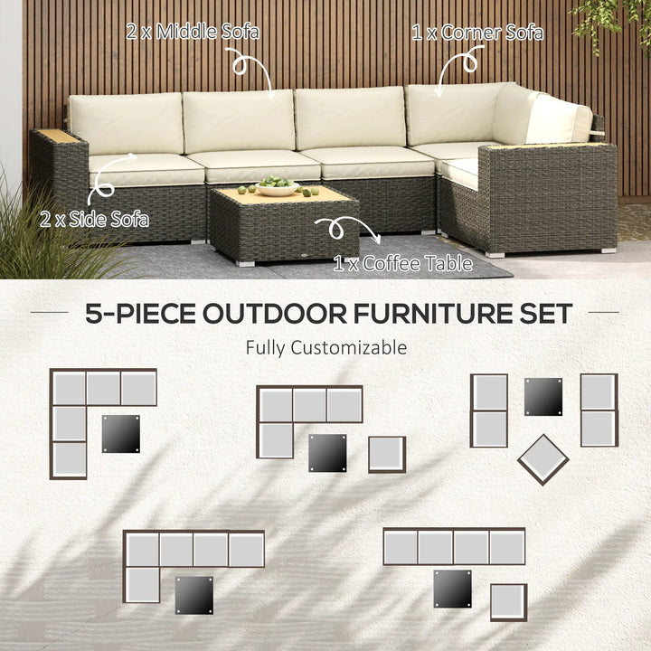 6pc 5-Seat Premium L-Shape PE Rattan Wicker Sectional Conversation Patio Set, Brown, Cream Beige