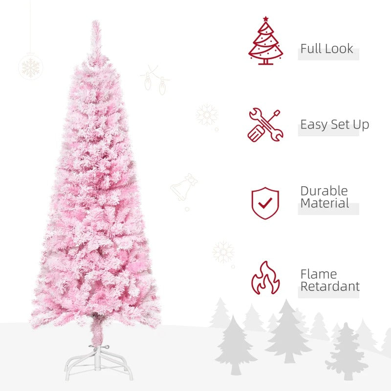 5ft 263-Tip Slim Snow Flocked Unlit Artificial Pencil Christmas Holiday Tree, Xmas Decor, Pink