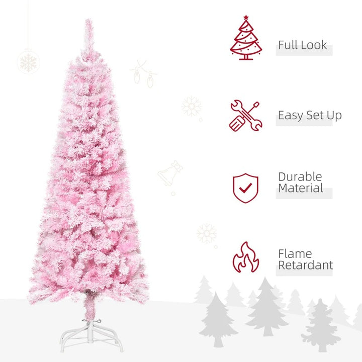 5ft 263-Tip Slim Snow Flocked Unlit Artificial Pencil Christmas Holiday Tree, Xmas Decor, Pink