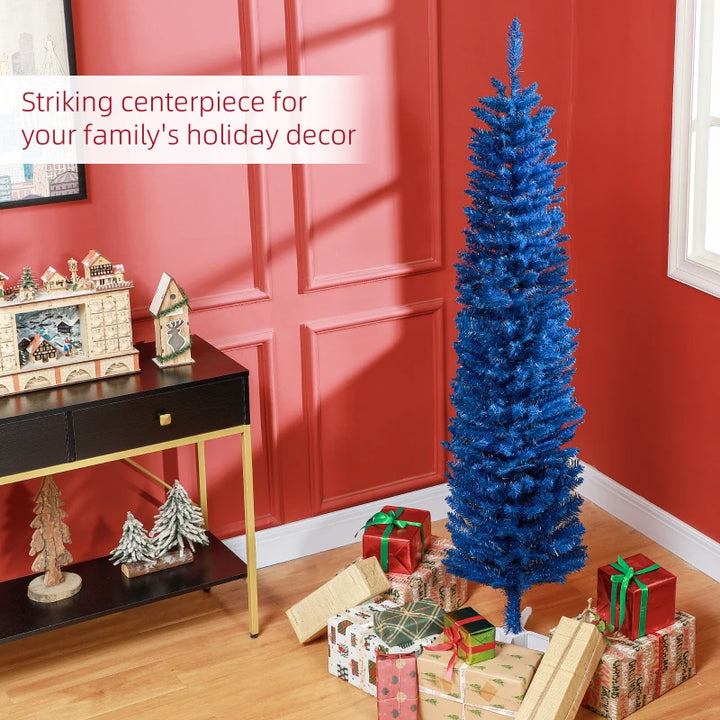 7ft 500-Tip Unlit Slim Pencil Artificial Christmas Holiday Tree w Base, Xmas Decor, Deep Blue
