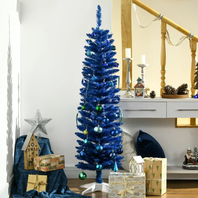 NEW 5ft 250-Tip Unlit Slim Pencil Artificial Christmas Holiday Tree w Base, Xmas Decor, Deep Blue