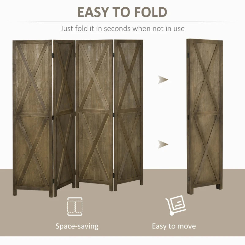 4-Panel Farmhouse Wood Room Divider Privacy Screen Partition w Barndoor Design, Rustic Brown