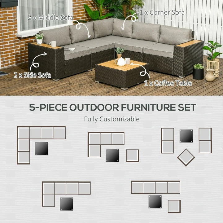 6pc Premium L-Shape PE Rattan Wicker Sectional Conversation Sofa Set Outdoor Patio, Brown, Grey