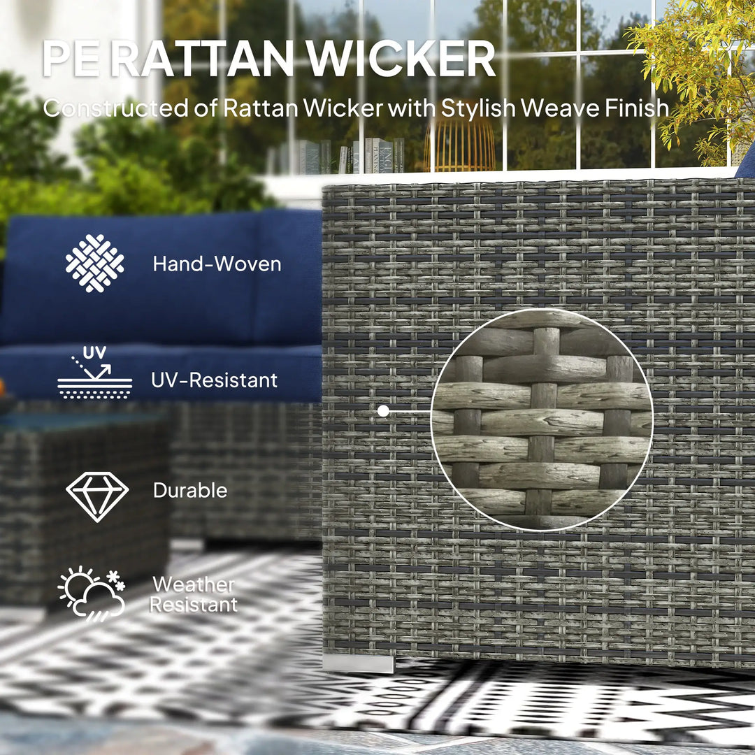 4pc L-Shape PE Rattan Wicker Corner Sectional Outdoor Patio Furniture Set, Cushions, Navy Blue Grey