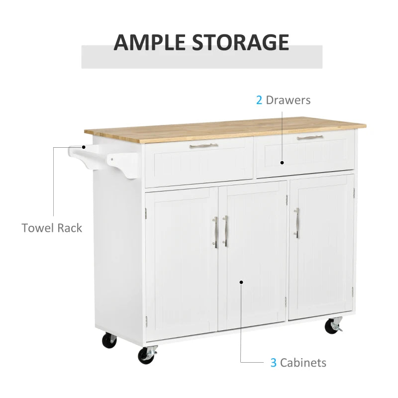 Modern Rolling Kitchen Island Storage Cart Cabinet Sideboard w Drawers, Natural Wood Top, White