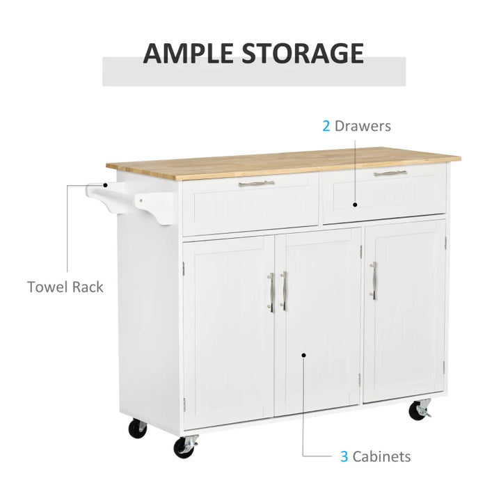 Modern Rolling Kitchen Island Storage Cart Cabinet Sideboard w Drawers, Natural Wood Top, White