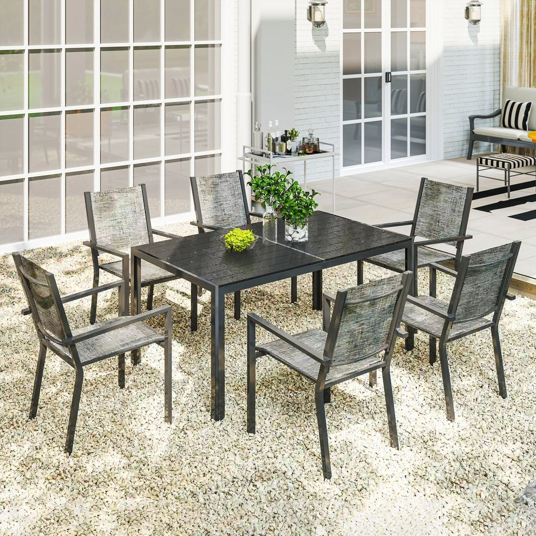 7pc, 6-Seat Steel Outdoor Patio Dining Set, Composite Tabletop, 6 Stackable Chairs, Black, Mix Grey
