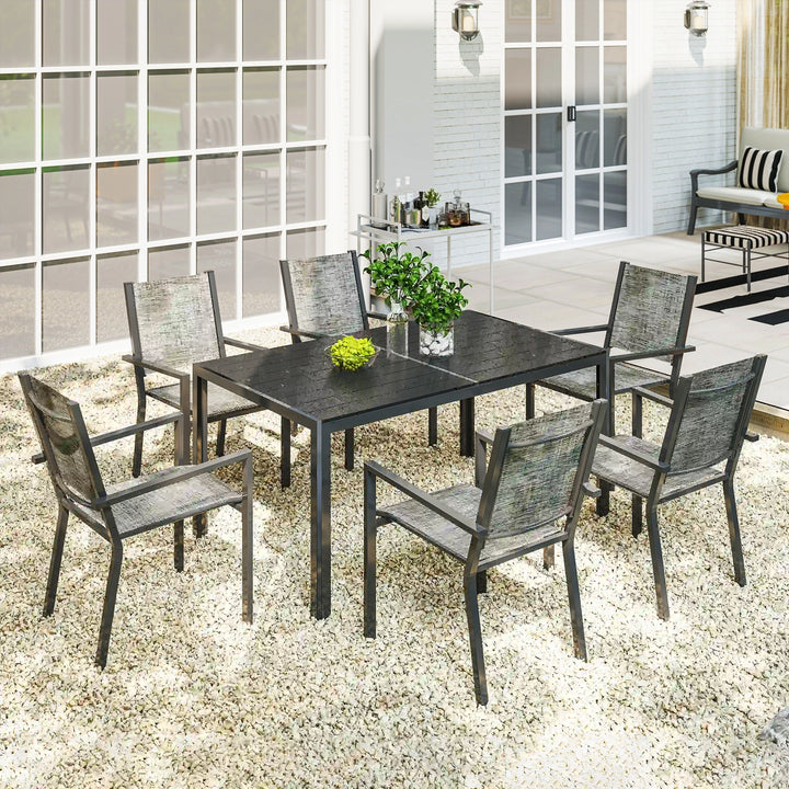 7pc, 6-Seat Steel Outdoor Patio Dining Set, Composite Tabletop, 6 Stackable Chairs, Black, Mix Grey
